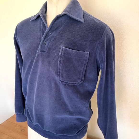 90's Velour Polo Style Shirt - Joel - Navy Long Sleeve - Size Medium - Picture 5 of 10